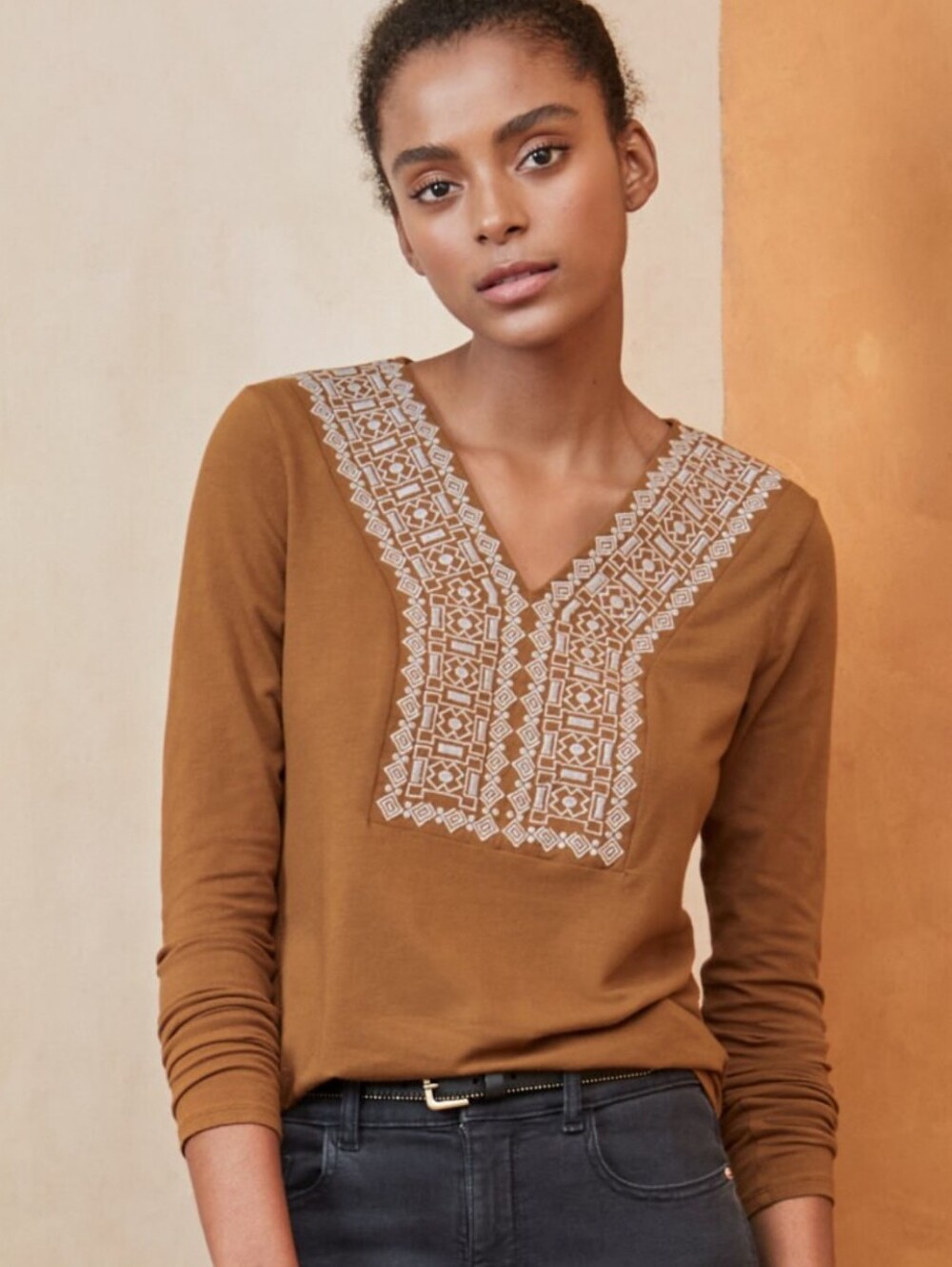 Garnet Hill Stella Brown Embroidered Top Size S